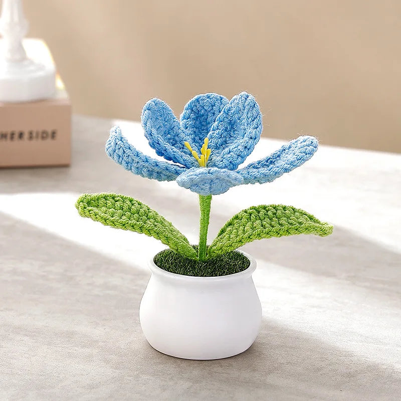 Hemasa Kintted Flower Potted Mini Artificial Flowers/Plant Hand Woven Crochet Tulips Flowers