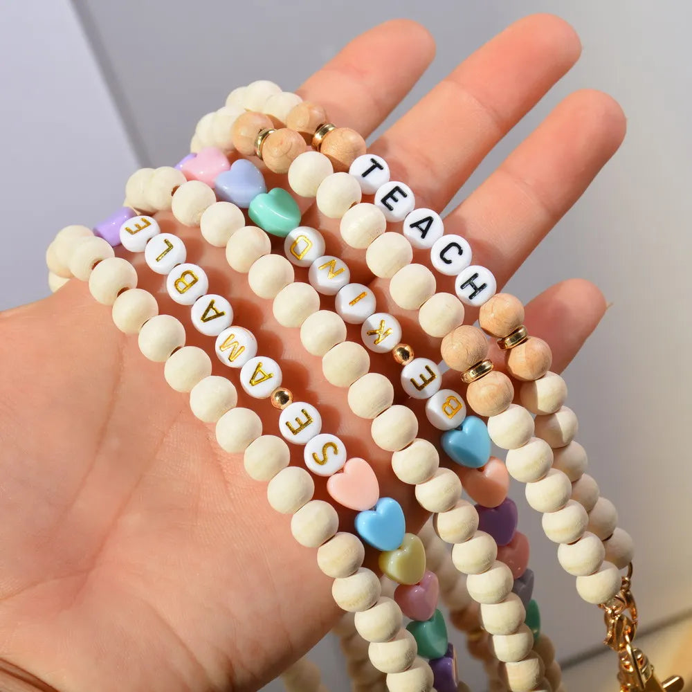 Boho Teacher Lanyard Rainbow Wooden Acrylic Heart Letter Beaded Breakaway lanyard Back to School gift ID holder Badge Necklace