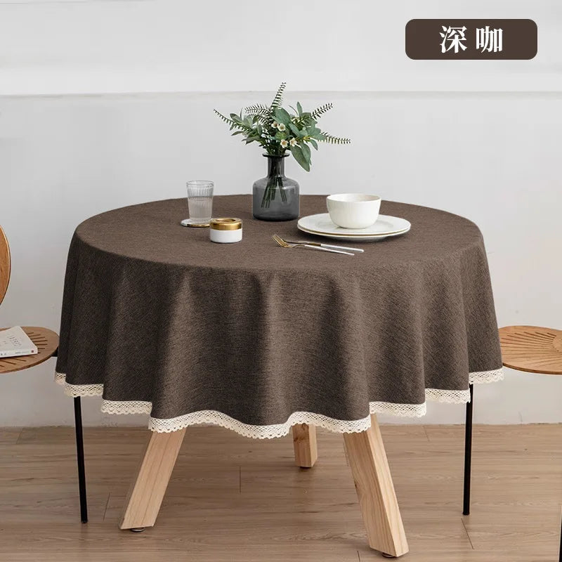 New Large Round Tablecloth Solid Color Cotton Linen Waterproof Table Cloth Oil-Proof Table Cover for Kitchen Garden Restaurant