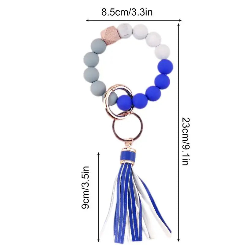 Silicone Key Rings Tangling Beaded Keyring Wristlet House Car Keyring Bangle Chains For Women With Leather Tassel