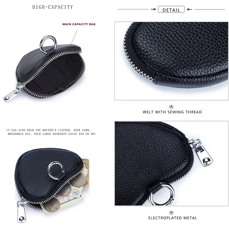 Love Coin Purse Heart Wallet Fashion Heart Shape Womens Zipper Small Wallet with Key Ring Genuine Leather Coin Purses for Girls