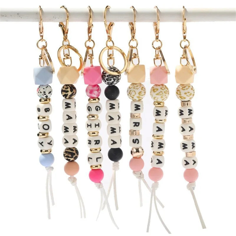 Hemasa Letter MAMA LOVE Keychain For Women Men Silicone Beads Keyring For Keys 2022 Car Keychain Charms Wholesale Gift Trendy New