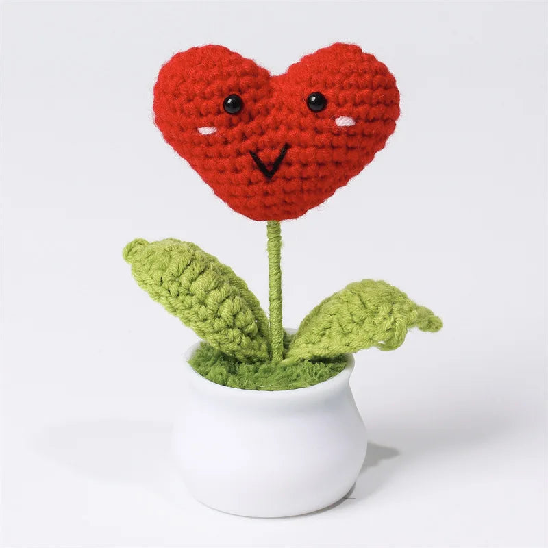 Hemasa Heart Shape Knitted Flowers Potted Colourful Crochet Plant Wedding Gift Creative Artificial Flower Car Desktable Decor