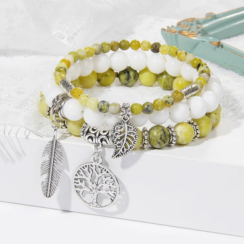 3Pcs Fashion Natural Stone Beads Bracelet 8mm Beads Tree of Life Pendant Bracelet Men Women Beaded Charm Bracelets Jewelry