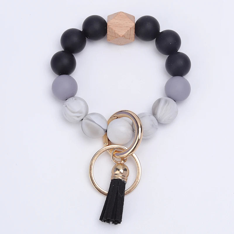New Anti-Loss Women Wristlet Bracelet Keychain Silicone Round Beaded Keyring For Lobster Clasp Keychain Jewelry Bracelet