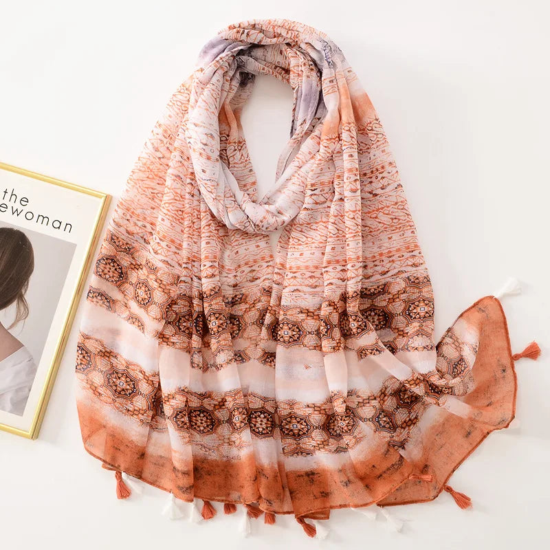 Elegant Woman Shawl Fashion Design Tassel Cotton Scarf Muslim Hijab Scarfs Floral Print Ladies Scarves For Beach Party Bandana