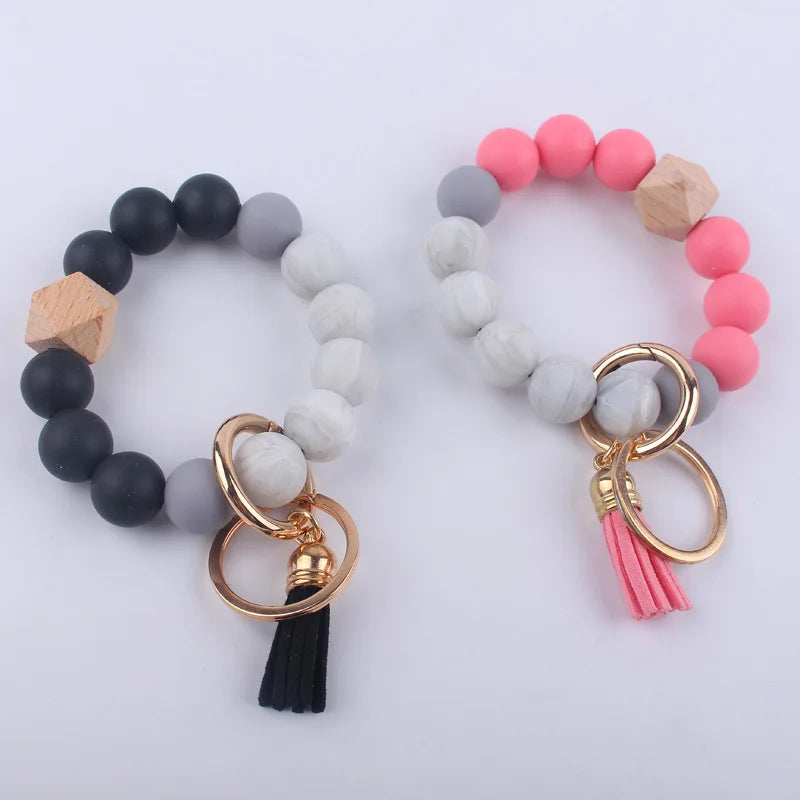 Creative Wooden Silicone Round Beads Keychain Men Women Anti-Loss Keyring For Lobster Clasp Tassel Bracelet Keychain Jewelry