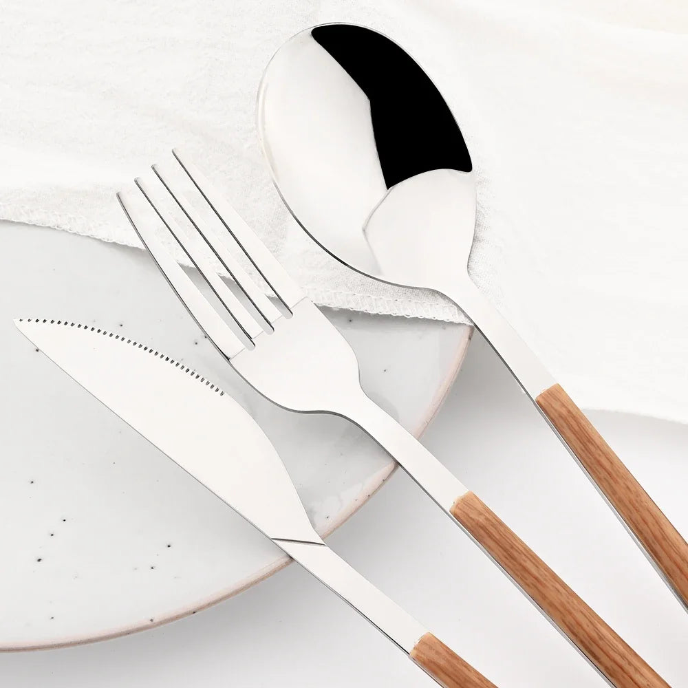 Hemasa 16/24/30Pcs Stainless Steel  Wooden Handle Cutlery Set Dinnerware Clamp Western Tableware Knife Fork Tea Spoon