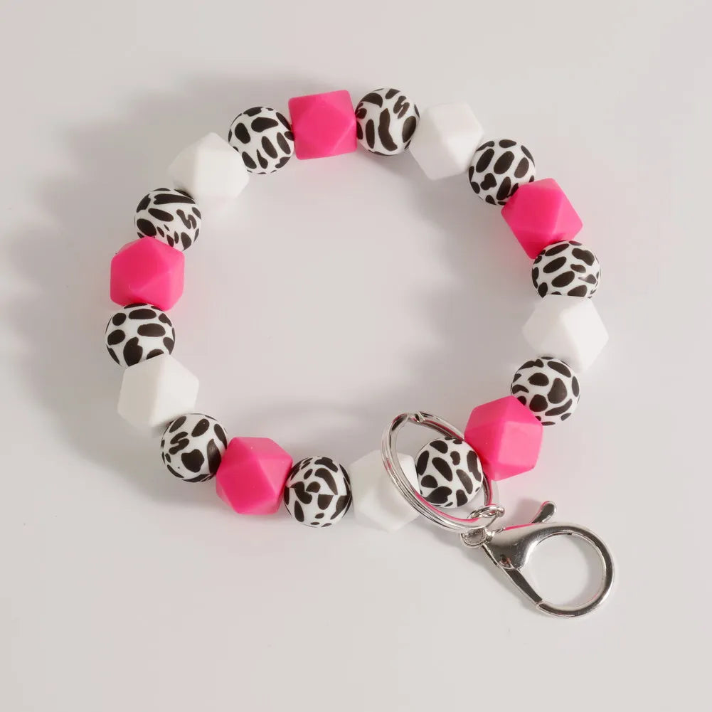 Heamsa  Bangle Mint White Cows Print Silicone Beads Cow Print MAMA Keychain Wristlet Fashion Bag Pendants Gifts for Women