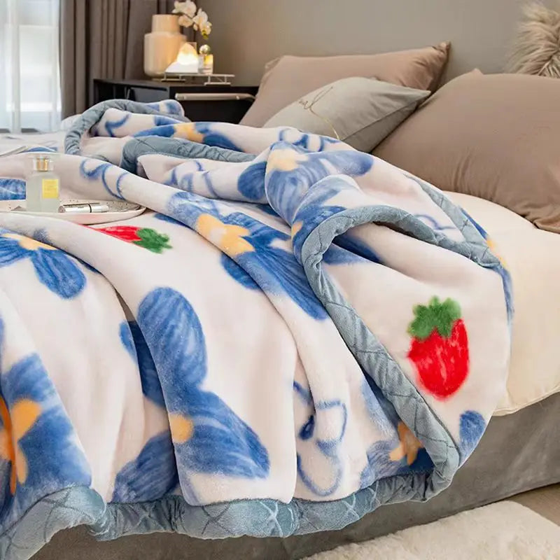 Hemasa Winter Mink Blankets For Beds Soft Warm Double Layer( 150*200Cm)  Cartoon Floral Pattern Faux Fur Thick Plaid Blankets