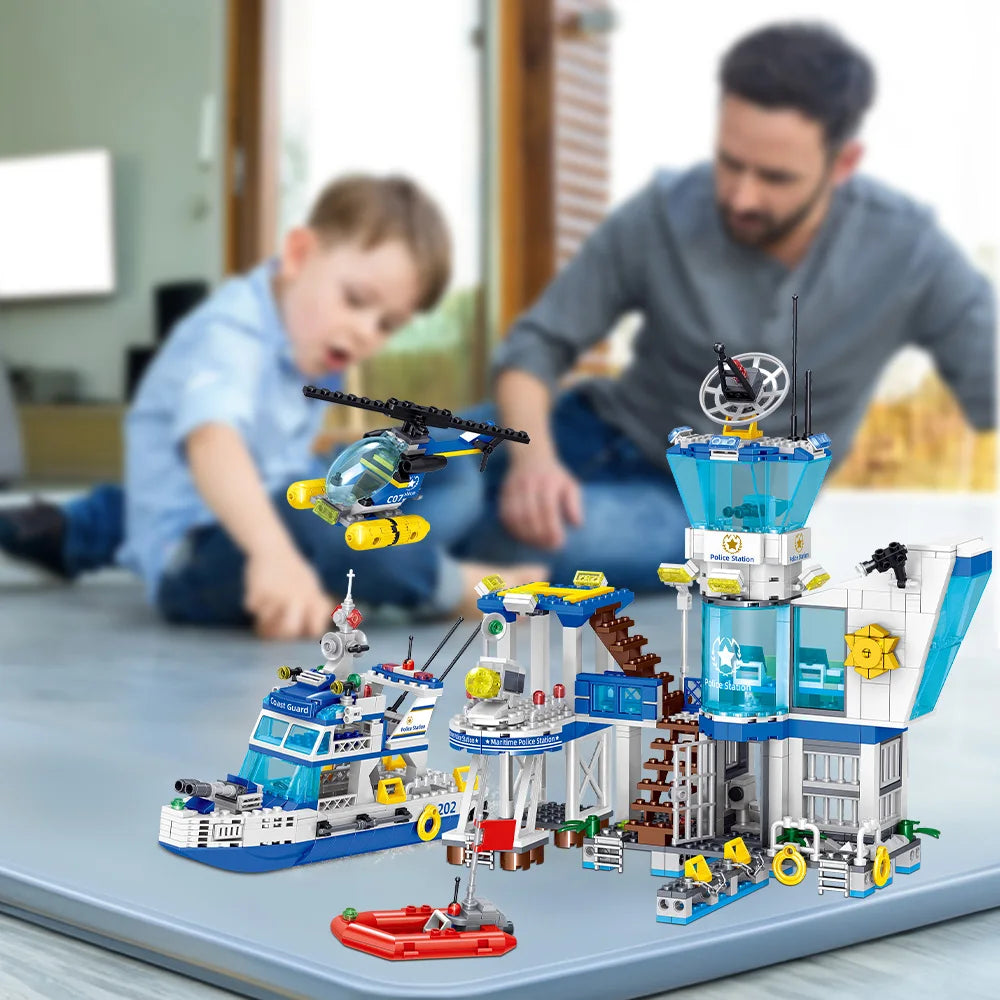 City Ocean Police Station Building Blocks Set,Police Station/Helicopter/Search Boat/Speed Boat,STEM Toys for Boys Ages 6 and Up