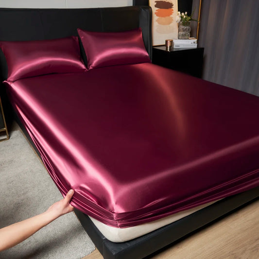 1Pc Satin Fitted Sheet Solid Colour Twin Full Queen Ice Silk Mattress Cover Natural With Elastic Band Bed Sheet (No Pillowcase)