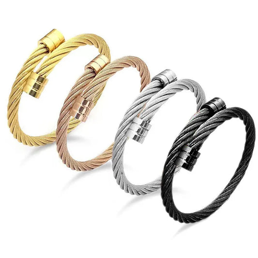 YUZZ 2023 New Popular Twist Wire Cuff Bracelets Stretch Stainless Steel Cable Bangles for Women Men Gold Color Punk Jewelry Gift