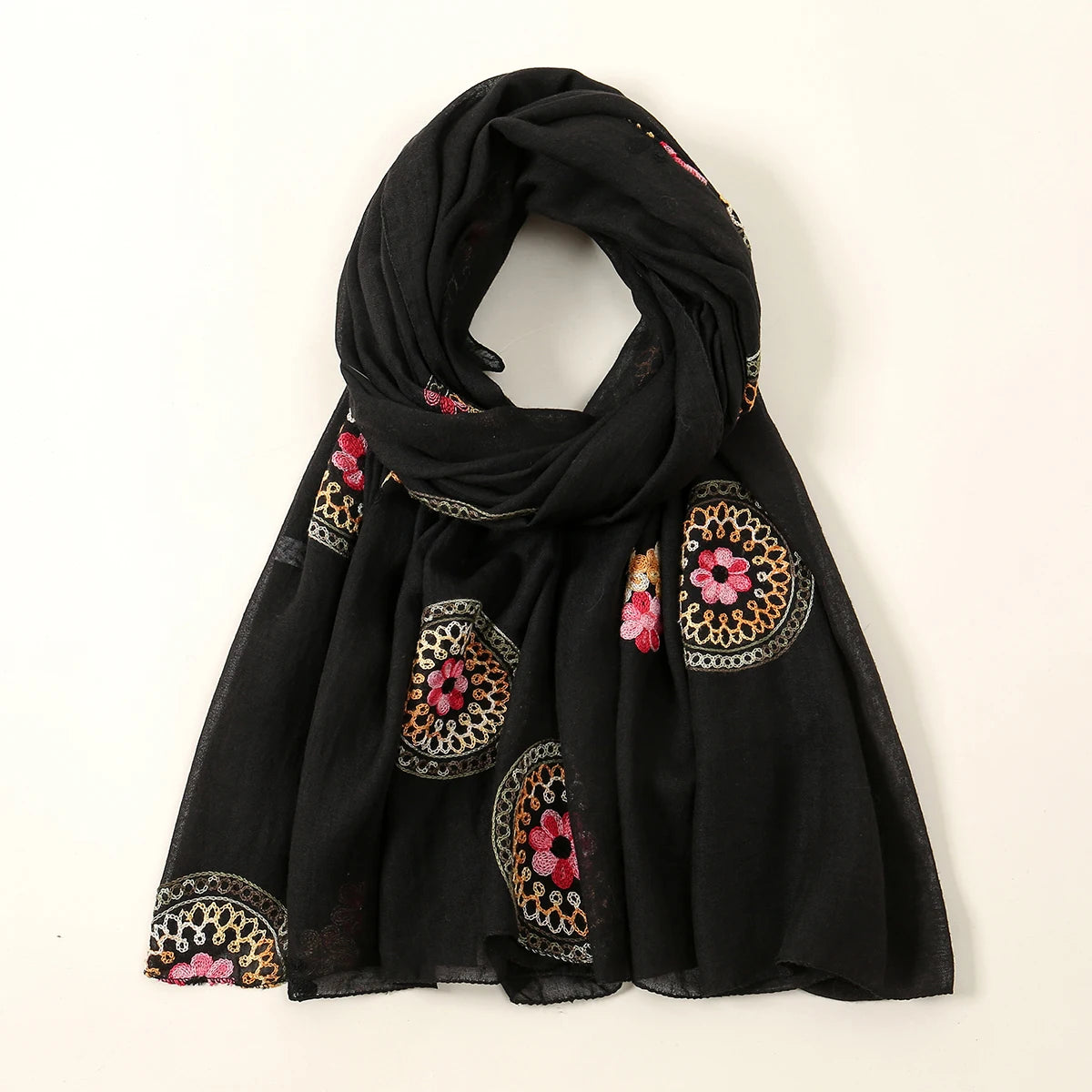 Plain Flower Embroidery Hijab Scarf Viscose Muslim Hijab Shawls Women Soft Long Towel Wraps Elegant Casual Heabscarf Turban
