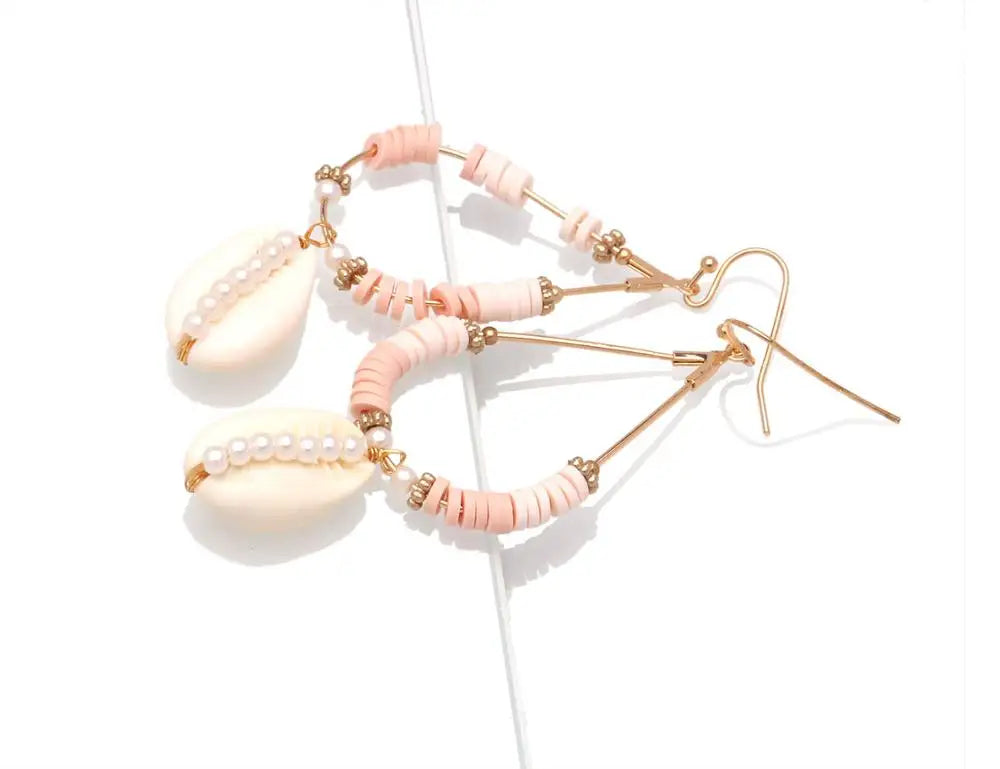 Hemasa Boho Polymer Clay Heishi Beads Cowrie Seashell Hook Earrings Women Girl (Set of 2)