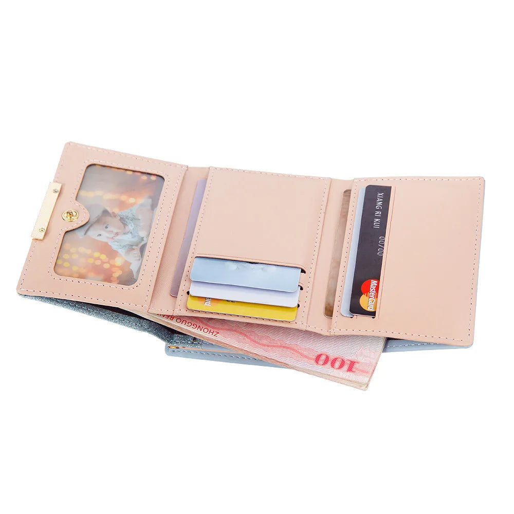 Hemasa Metal Buckle Ladies Bright Leather Fashion Purse,Women's Short Wallet, Small Shiny Leather Three Fold Leather Wallet