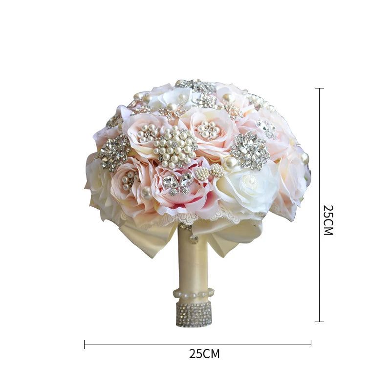 Tejesa Fancy 9.8in Bridal Wedding Bouquet with Crystal Pearl Artificial Silk Rose Flower Bouquet for Bride Wedding