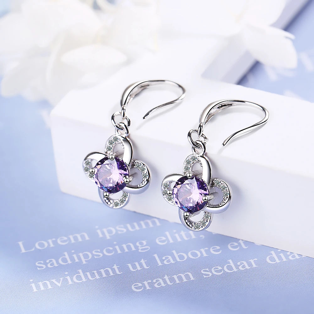 925 Sterling Silver Jewelry Sparkling Zirconia Clover Flower Twist Windmill Forever Drop Earrings For Women