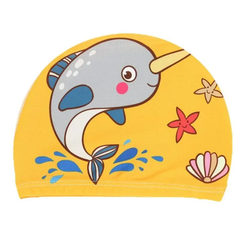 Hemasa Swimming Cap for Children Elastic Fabric Cute Cartoon for Long Hair Lovely Kids Protect Ears Swim Pool Hat for Boys Girls Swim