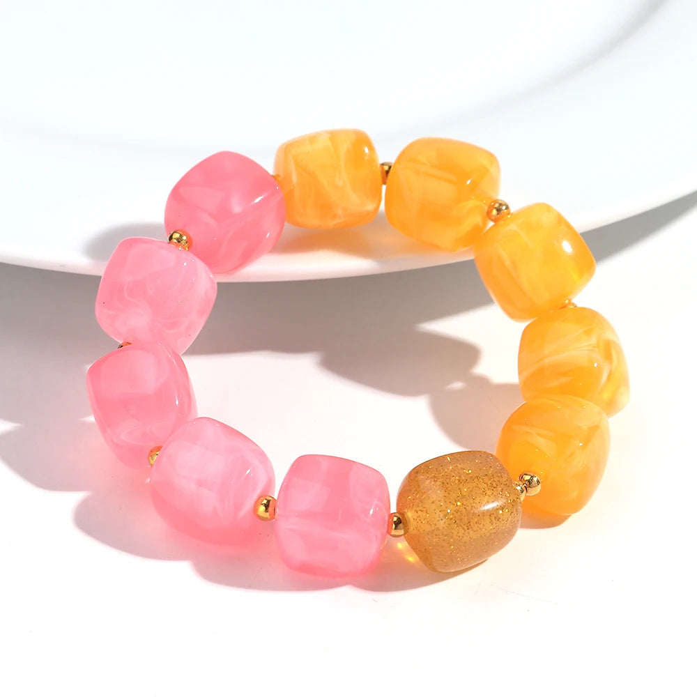 New Multicolor Acrylic Geometric Bead Bracelet for Women Trendy Resin Irregular Square Elastic Bracelets Handmade Jewelry Gift