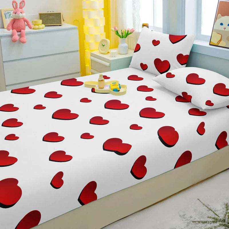 1 Simple Modern Heart-Shaped Printed Matte Fitted Sheet, Bedroom Printed Bed Cover, Bedding (Excluding Pillowcases)