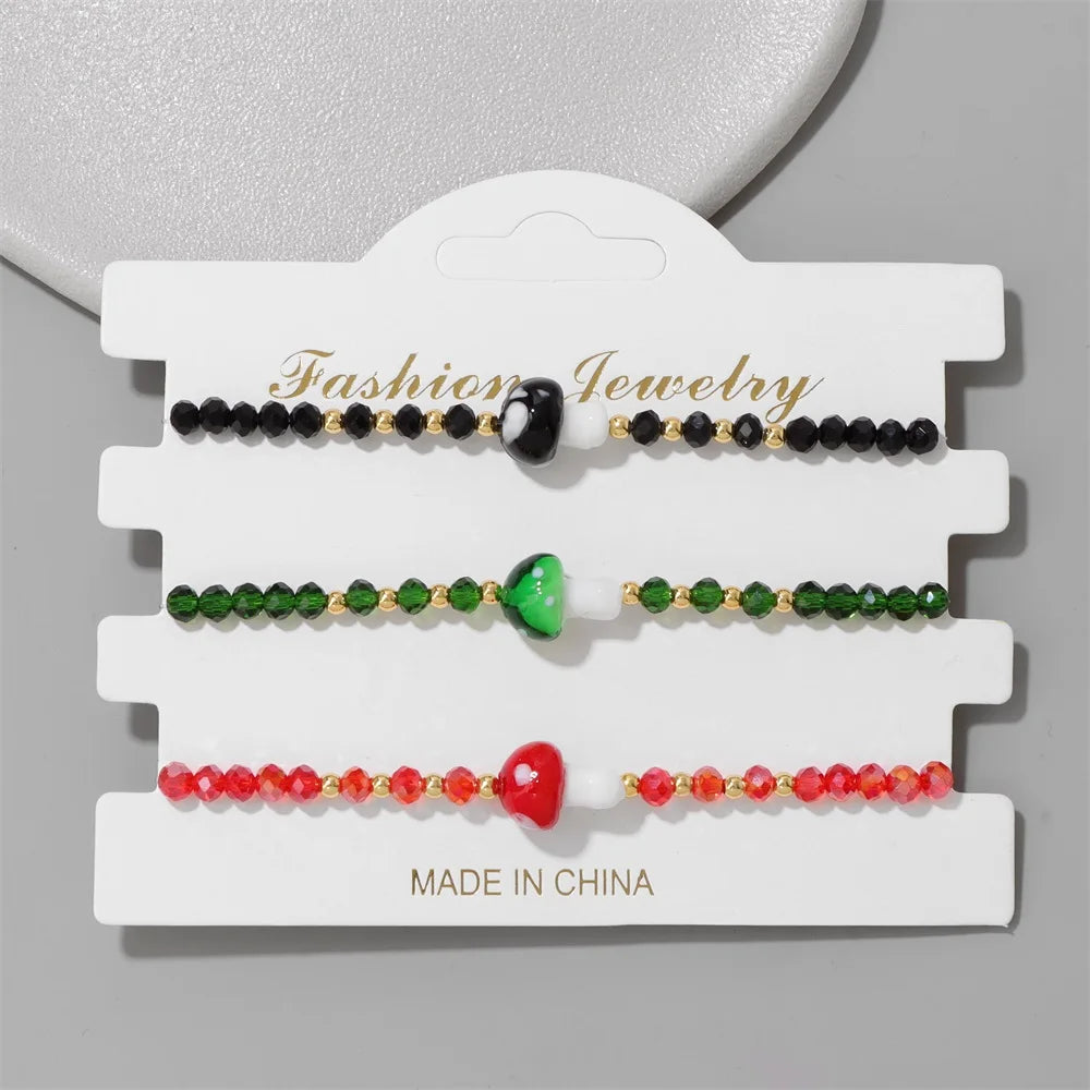 Tejesa 3pcs Handmade Crystal Glass Beads Bracelet Cute Mushroom Charm Bracelets for Women Girls Lucky Fashion Set Jewelry Gift 3x4mm