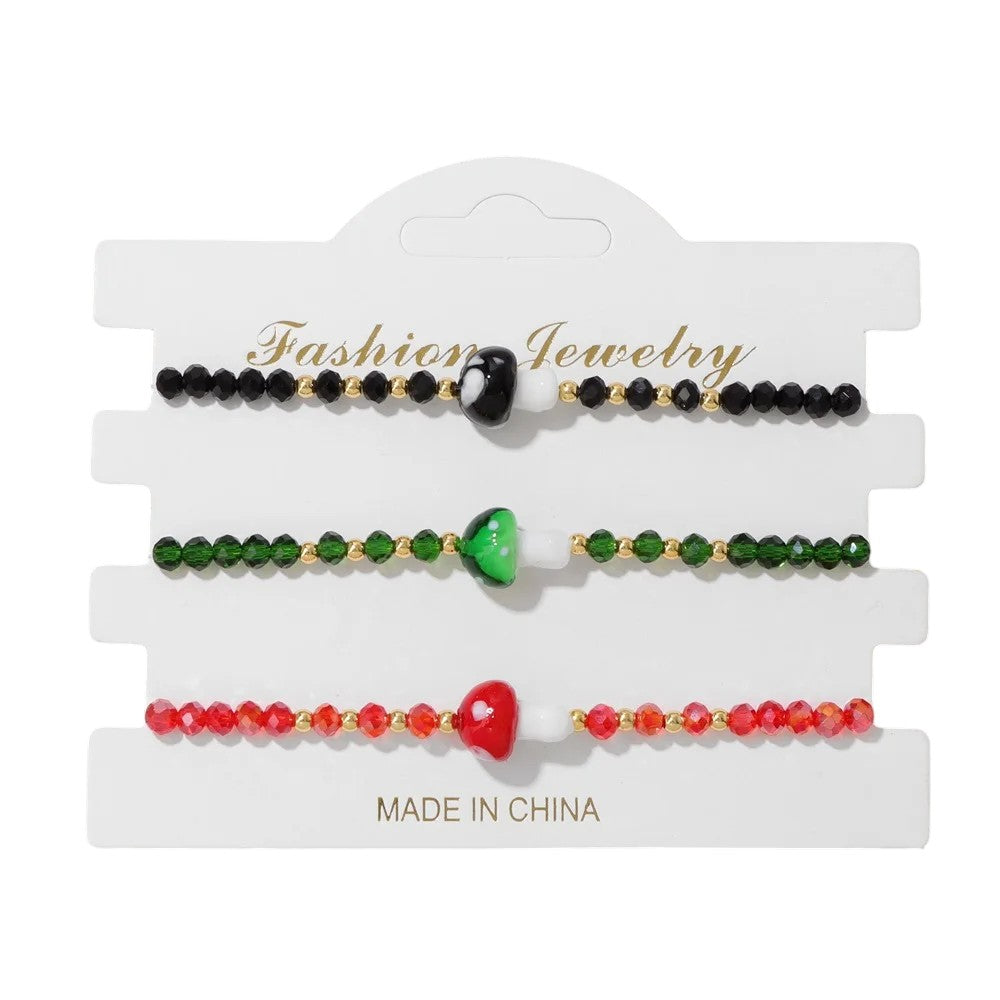 Tejesa 3pcs Handmade Crystal Glass Beads Bracelet Cute Mushroom Charm Bracelets for Women Girls Lucky Fashion Set Jewelry Gift 3x4mm