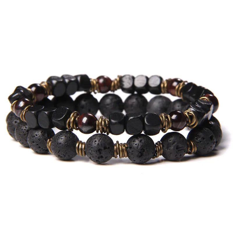 2pcs/set Beaded Bracelet Natural Stone Tiger Eye Hematite Beads Bracelet Men Energy Elastic Rope Bracelet Jewelry Couples Gifts