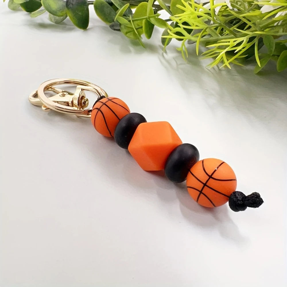 LOFCA Basketball Football Silicone Beaded Keychain Handmade Wood Beads Keychain Charm Backpack  Pendant  Accessories Keyring