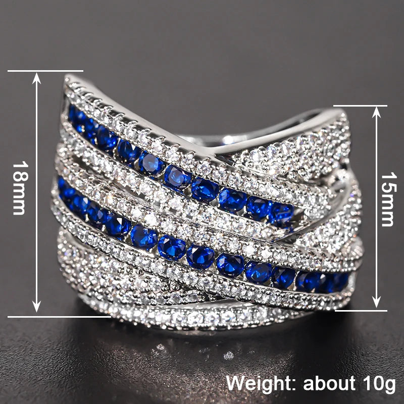 Huitan Cross Women Ring Inlaid Blue/White Cubic Zirconia Elegant Wedding Party Accessories Luxury Daily Versatile Trendy Jewelry