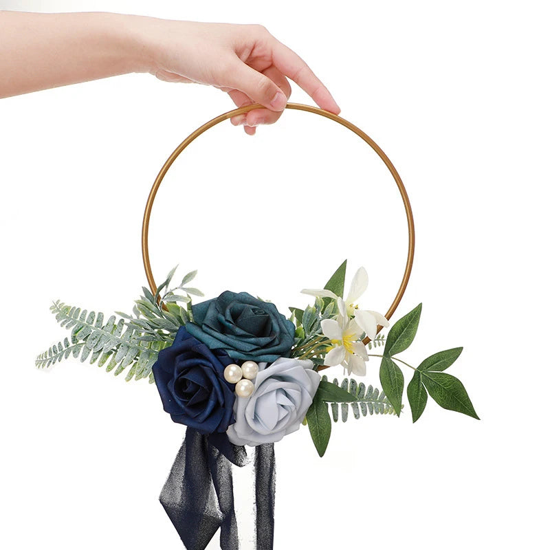 YeeNanee Wedding Gold Hoop Bouquet for Bridesmaids Floral Rose Eucalytpus Metal Ring Wreath Bridal Shower Ceremony Decoration
