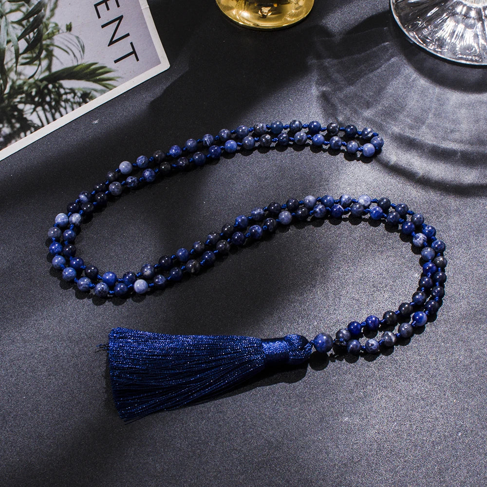 6mm Natural Sodalite Beaded Knotted 108 Mala Necklace Meditation Yoga Prayer Boho Tassel Jewelry Rosary for Women