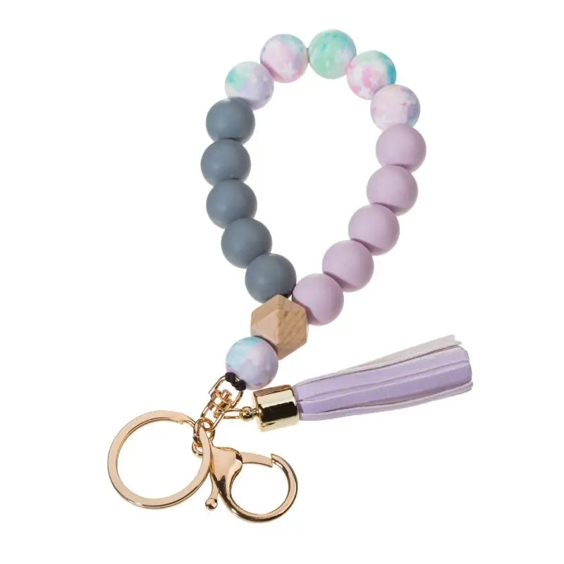 Silicone Keychain For Keys Tassel Wood Beads Bracelet Keyring For Women Multicolor Beads Keychain Fashion Keychain Wholesale