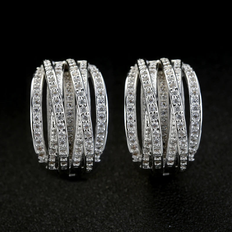 Hemasa New Trendy Hoop Earrings for Women /Silver Color Overlapping Cubic Zirconia Earrings Fashion Versatile Jewelry Drop Ship