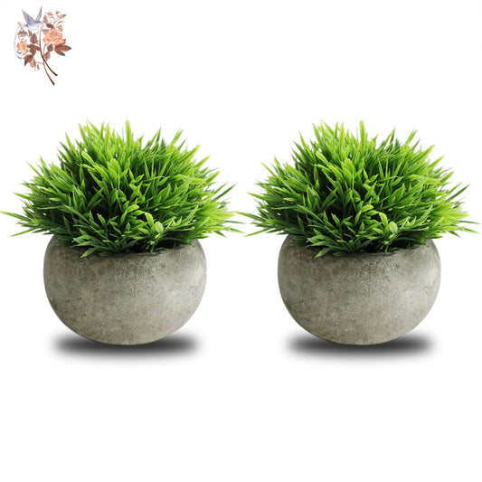 2Pcs Artificial Plants Potted Green Bonsai Short Needle Grass Pot Ornaments Simulation Flowers for Home Office Table Decoration
