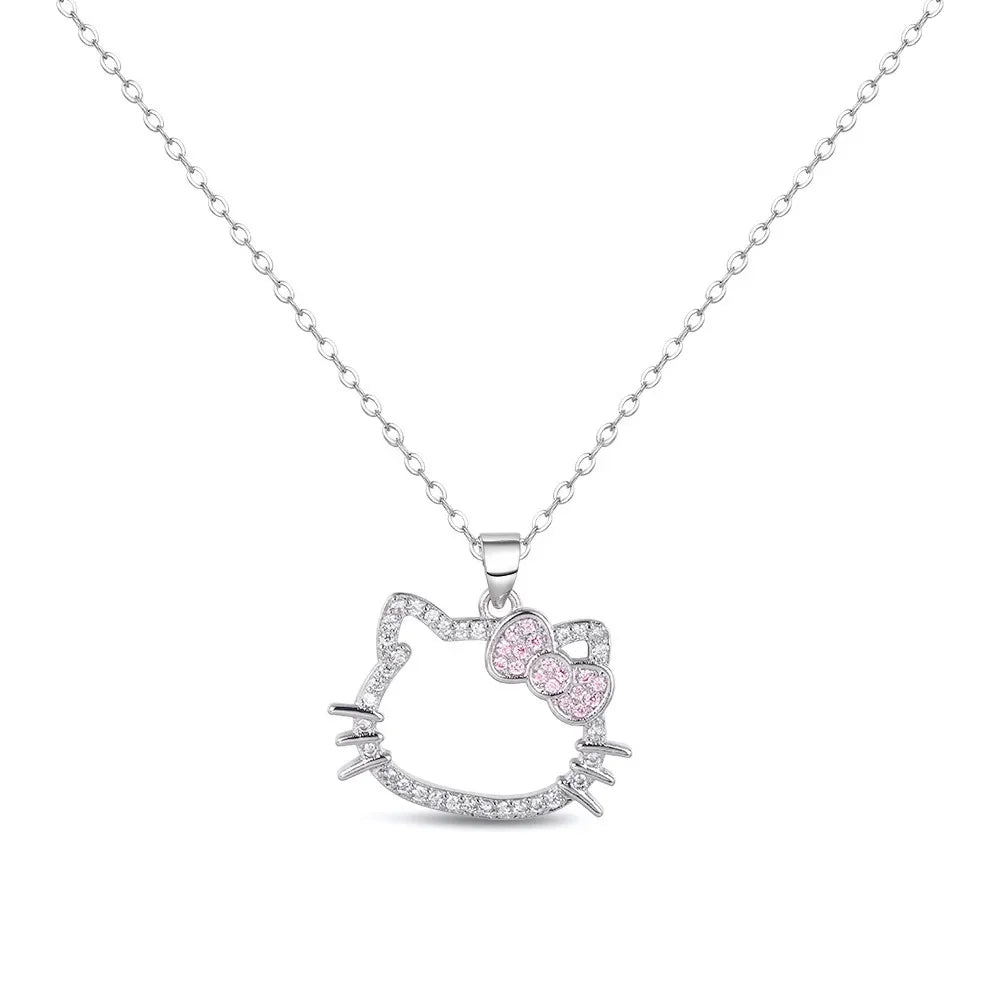 New Kawaii Sanrio Hello Kitty Sparkling Diamond Necklace Cartoon Cute Sexy Clavicle Chain Girl Cute Ring Jewelry Holiday Gifts