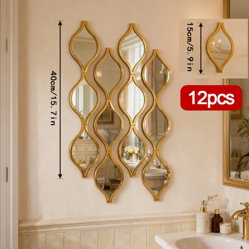 Hemasa 12pcs Teardrop Combination Bathroom Mirror | Golden Artistic Decorative Mirror for Bedroom, Living Room, Hallway Accent Wall