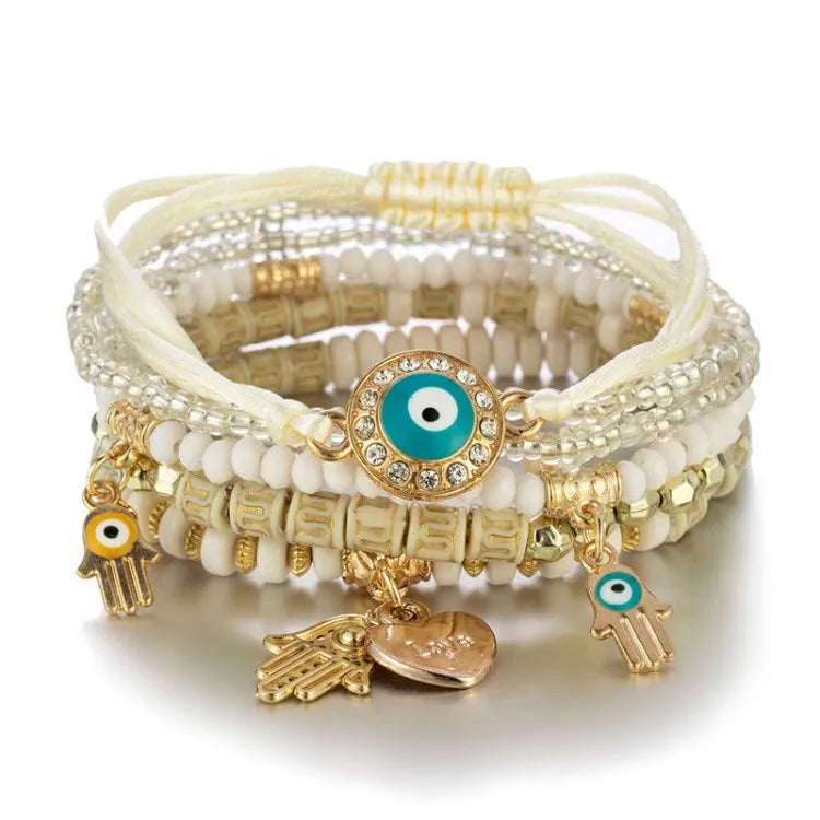 Bohemian Evil Eye Pendant Bracelet Set for Women Crystal Fatima Hand Charm Stone Beads Chain Bangle Female Bohemian Jewelry Gift