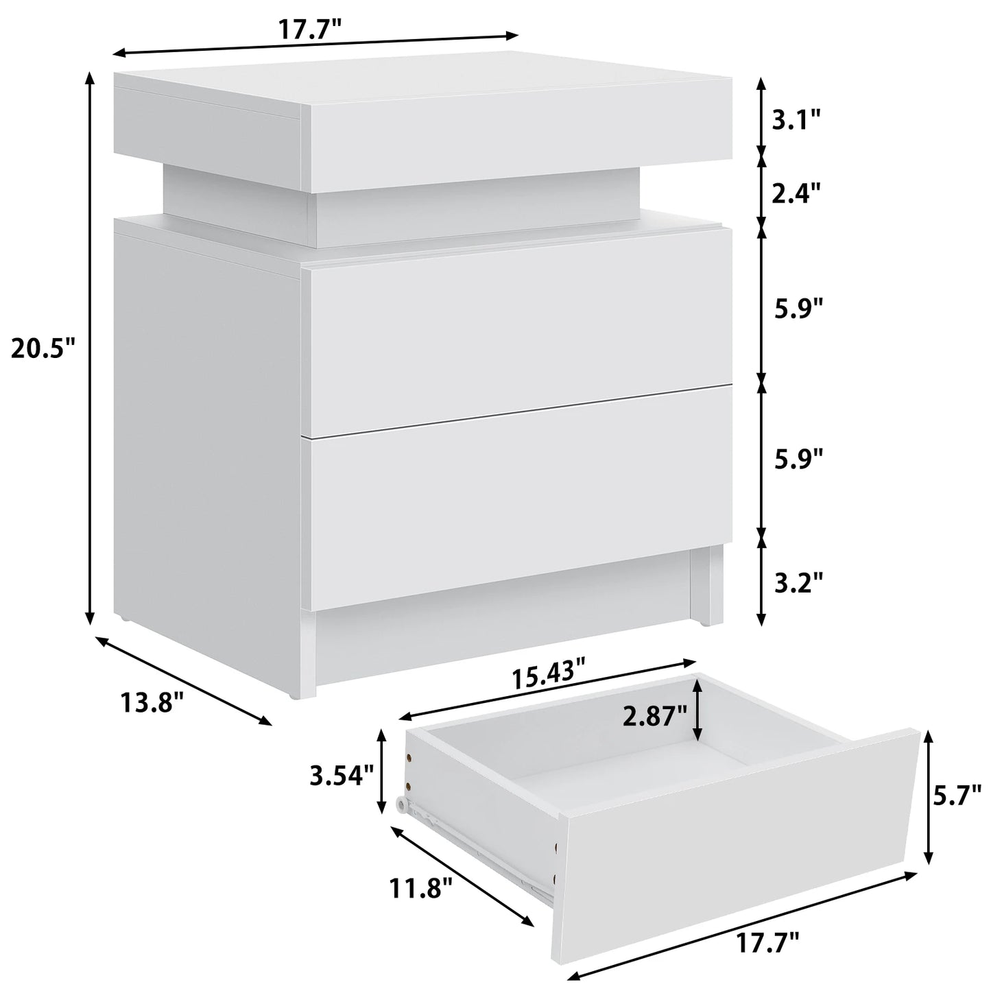 Nightstand RGB LED Light Bedside Table Cabinet with 2 Drawer Bedroom High Gloss