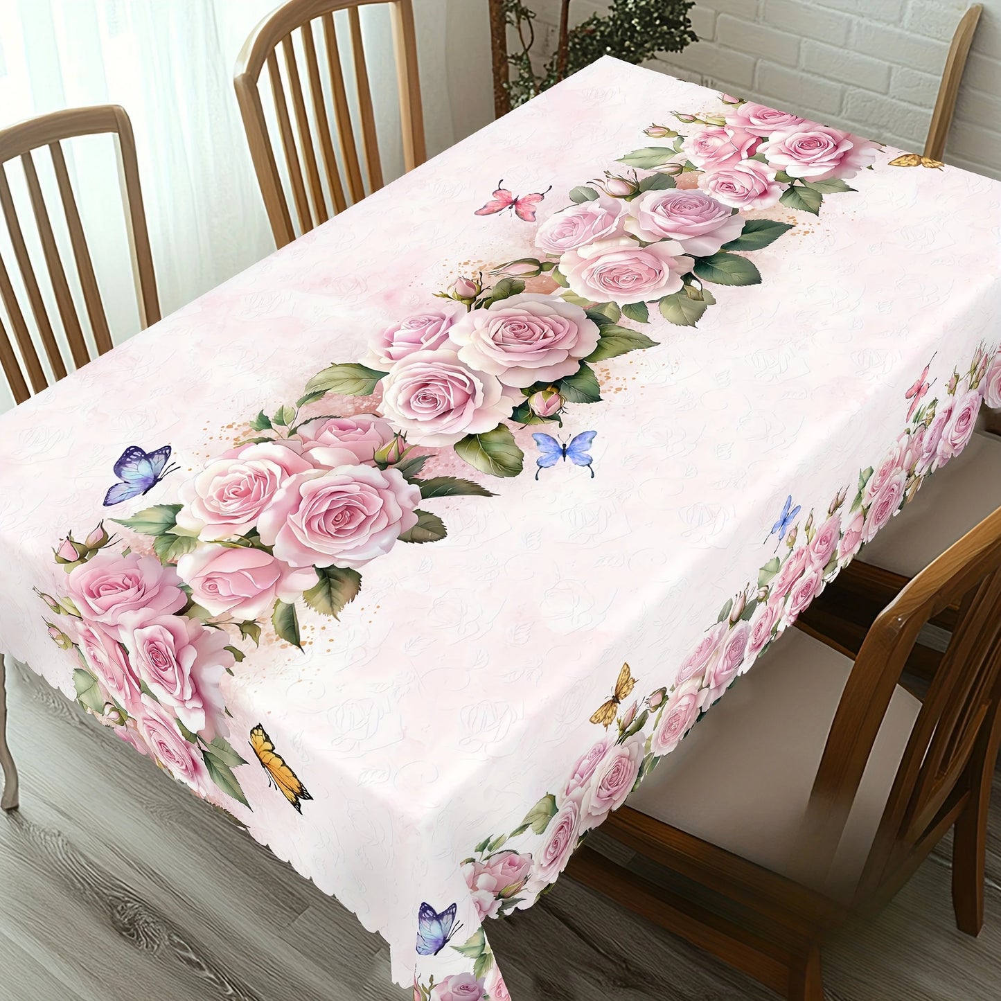 Spring Pink Rose Flowers Linen Tablecloth Wedding Party Decor Seasonal Floral Butterfly Table Cloths Mother's Day Decorations