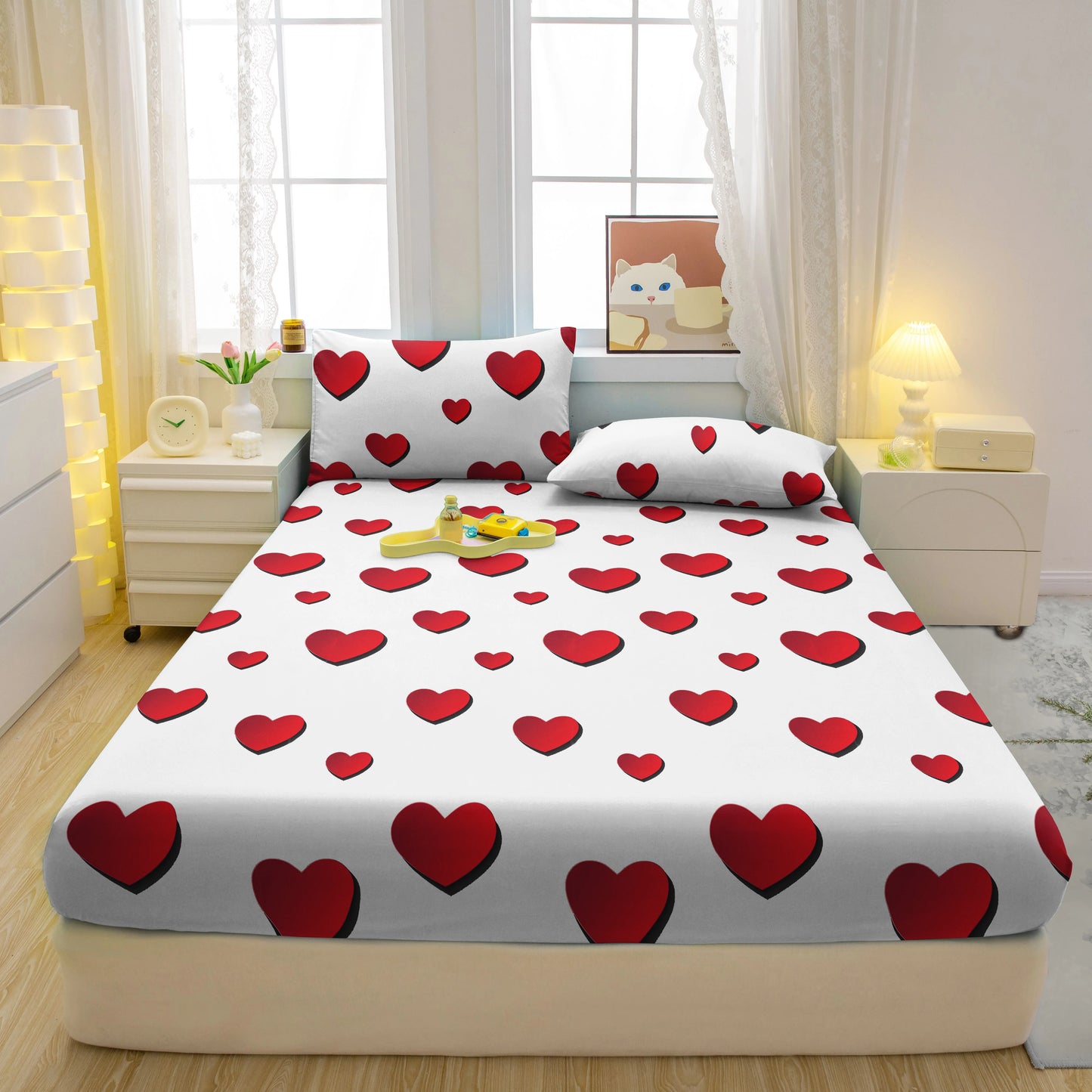 1 Simple Modern Heart-Shaped Printed Matte Fitted Sheet, Bedroom Printed Bed Cover, Bedding (Excluding Pillowcases)