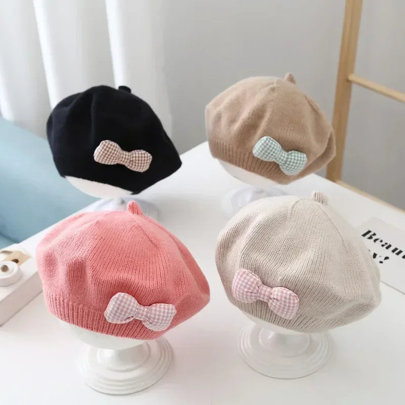 Flower Baby Beret Hat Winter Warm Knitted Beanie Cap for Infant Girls Korean Toddler Princess Artist Solid Color Painter Caps