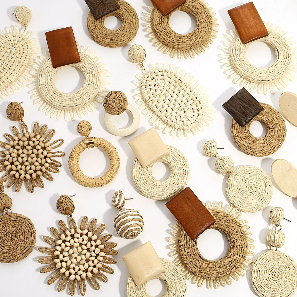 Lifefontier Handmade Woven Raffia Geometric Drop Earrings For Women Oversize Flower Beach Dangle Earring Jewelry Wholesale 2023