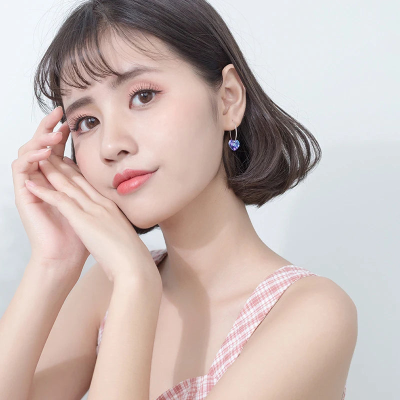 Modian Sparkling Blue Crystal Swing Hoop Earrings For Women Classic Heart 925 Sterling Silver Luxury Jewelry Female Accessories