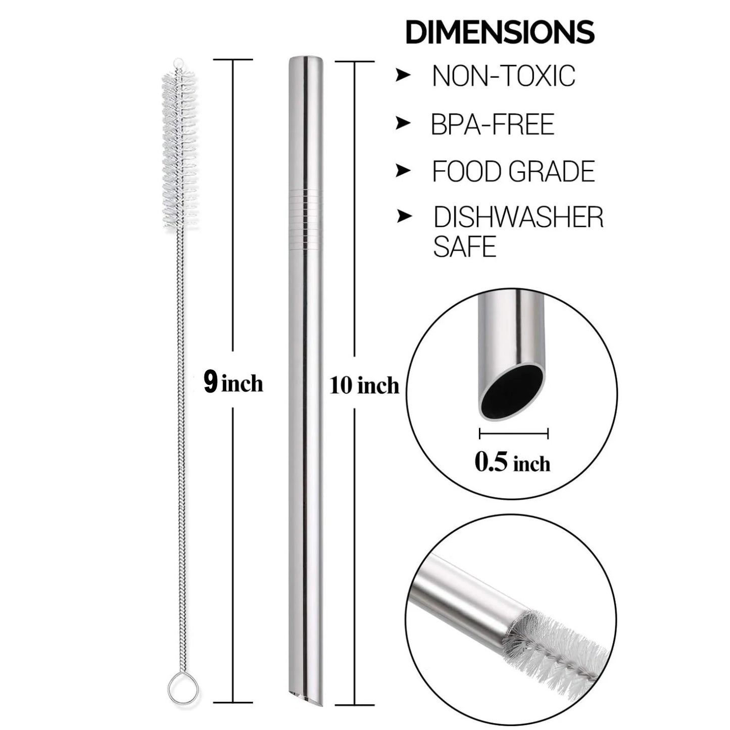 2 Pcs Jumbo Reusable Boba Straws, 0.5" Wide Stainless Steel Metal Straws for Bubble Tea/Tapioca Pearl, Milkshakes,Smoothies