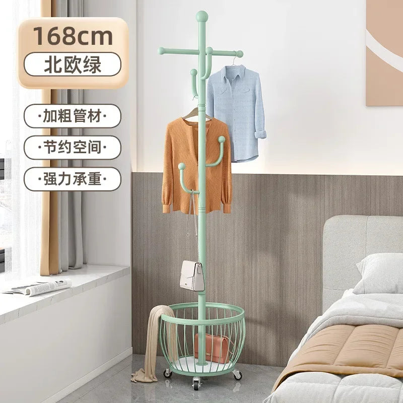 Standing Coat Rack with Basket, Entryway Coat Hanger Stand, Mobile Clothes Storage Rack with Wheels, Hallway