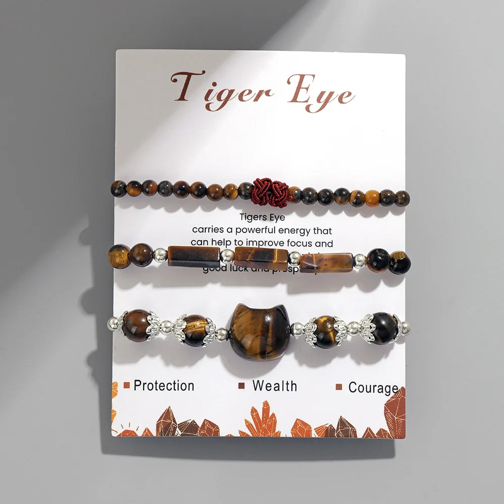 3pcs/set Natural Stone Tiger Eye Turquoises Bracelet Rose Quartzs Crystal Beads Charm Bracelets Cat Head Jewelry for Women Gift