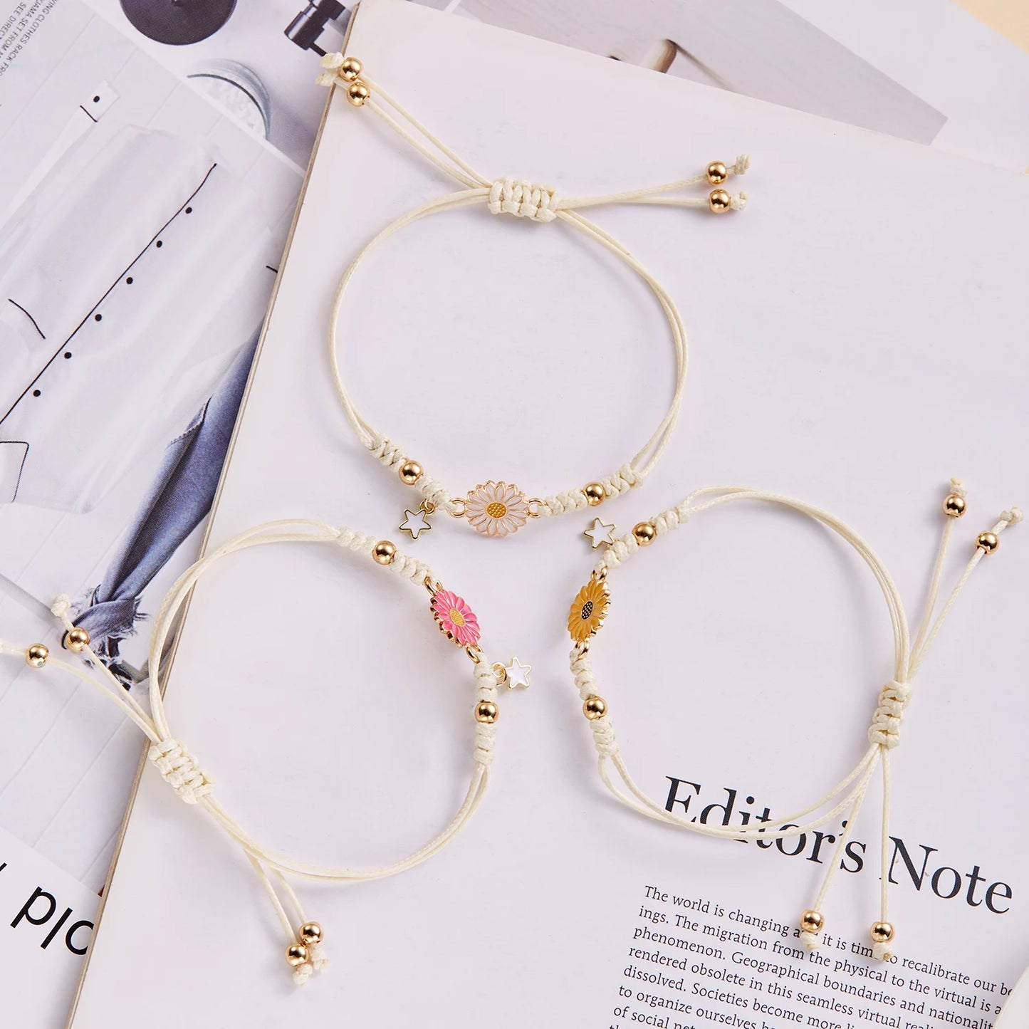 Hemasa Set of 3 Lucky Knot Sunflower Bracelets for Women /Colourful Daisy Flower Bracelet Friendship Jewelry Gifts