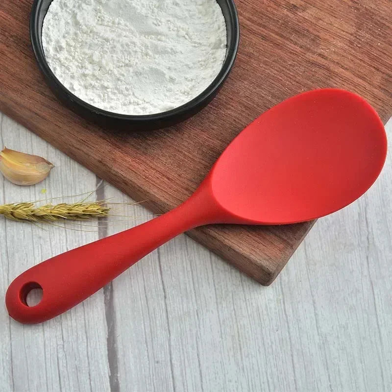 Hemasa 5Pcs (Red and Black )Hanging Silicone Rice Spoon Kitchen Ladle Non-stick Saucepan Electric Rice Cooker Cooking Scoop with Holes