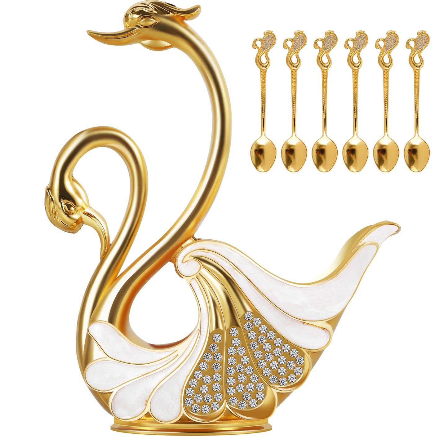 6Pcs Zinc Alloy Teaspoon For Dessert Ice Cream Stirring Coffee Small Spoons with Swan Base Holder Mini Gold Spoon Kitchen Gadget